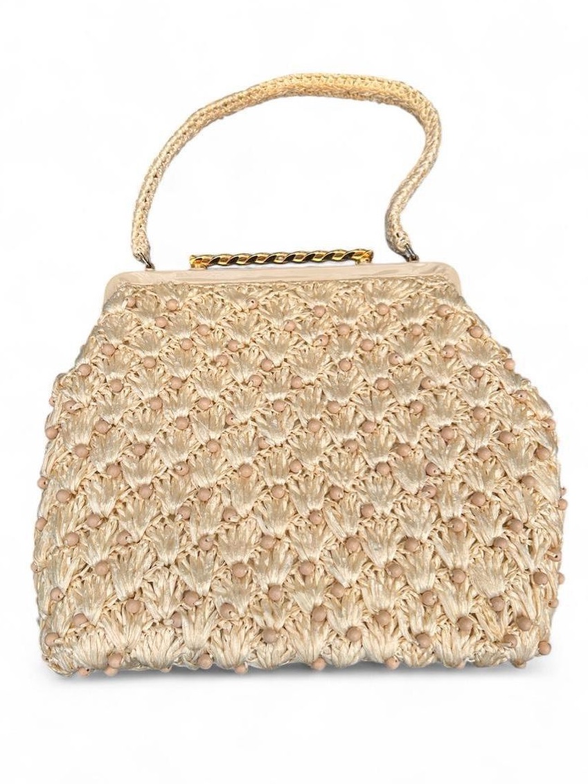 Vintage Cream Woven Beaded Raffia Hinge Handbag Ivory Bridal Beach Accessory 60s